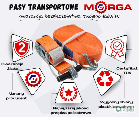 Pas transportowy 5T 14m szer. 50mm komplet z klamrą wzmocniony 330 mm ERGO z atestem, MORGA Pas transportowy 5T 14m szer. 50mm komplet z klamrą wzmocniony 330 mm ERGO z atestem, MORGA