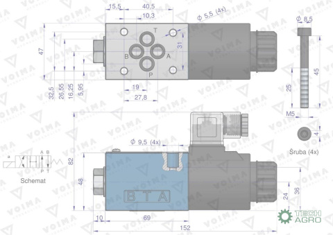 Rozdzielacz (elektrozawór CETOP 3 NG6) 2-pozycyjny 50L suwak "C" (cewka x1) 12V VOIMA Rozdzielacz (elektrozawór CETOP 3 NG6) 2-pozycyjny 50L suwak "C" (cewka x1) 12V VOIMA