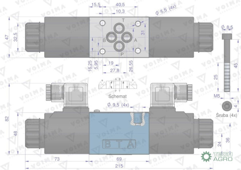 Rozdzielacz (elektrozawór CETOP 3 NG6) 3-pozycyjny 50L suwak "H" (cewki x2) 12V VOIMA Rozdzielacz (elektrozawór CETOP 3 NG6) 3-pozycyjny 50L suwak "H" (cewki x2) 12V VOIMA