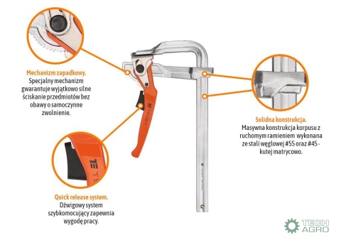 Ścisk ślusarski dzwigniowy, szybkomocujący 120x250 mm, Teger