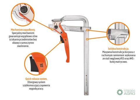 Ścisk ślusarski dzwigniowy, szybkomocujący 140x300 mm, Teger