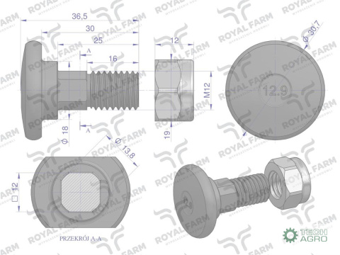 Śruba nożyka kpl. M12x37 zastosowanie Stoll. Vicon ROYAL FARM Śruba nożyka kpl. M12x37 zastosowanie Stoll. Vicon ROYAL FARM