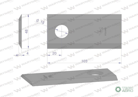 Nóż, nożyk kosiarka 103X48X4mm otwór 19zastosowanie 122331 Fella WARYŃSKI ( sprzedawane po 25 )