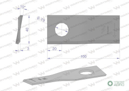 Nóż. nożyk kosiarka prawy 100X40X3mm otwór 19 zastosowanie RS 100/3 Sipma WARYŃSKI ( sprzedawane po 25 )