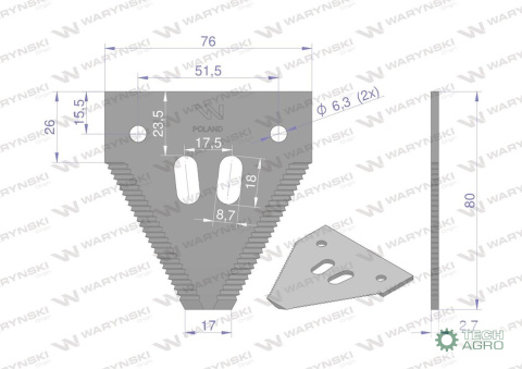 Nóż żniwny 80x76x2.7mm otwór 6.5 zastosowanie 1096606 420100046 Schumacher WARYŃSKI ( sprzedawane po 25 )