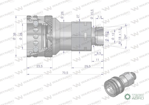 Szybkozłącze hydrauliczne gniazdo M18x1.5 gwint zewnętrzny EURO (9100818G) (ISO 7241-A) Waryński (opakowanie 50szt)