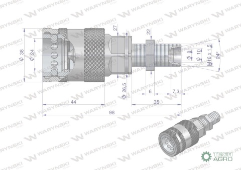 Szybkozłącze hydrauliczne gniazdo long M16x1.5 gwint zewnętrzny EURO PUSH-PULL (9100816GL) (ISO 7241-A) Waryński