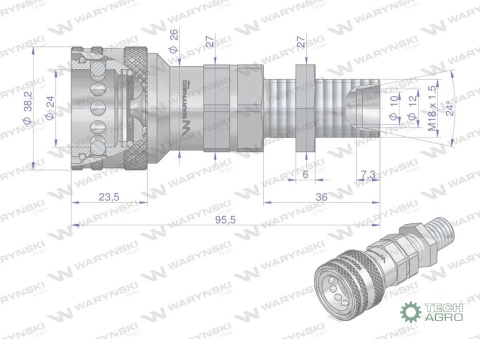 Szybkozłącze hydrauliczne gniazdo long M18x1.5 gwint zewnętrzny EURO (9100818GL) (ISO 7241-A) Waryński (opakowanie 10szt)