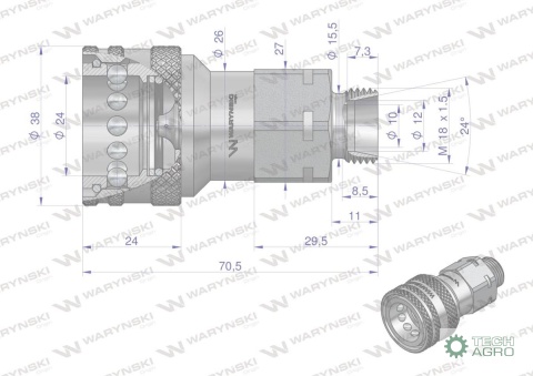 Szybkozłącze hydrauliczne gniazdo z eliminatorem ciśnienia M18x1.5 gwint zewnętrzny EURO (9100818G) (ISO 7241-A) Waryński