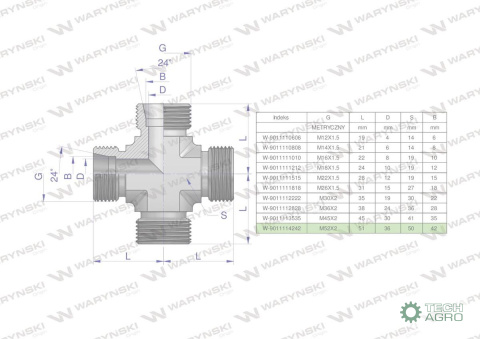 Czwórnik hydrauliczny metryczny BBBB M52x2 42L Waryński Czwórnik hydrauliczny metryczny BBBB M52x2 42L Waryński