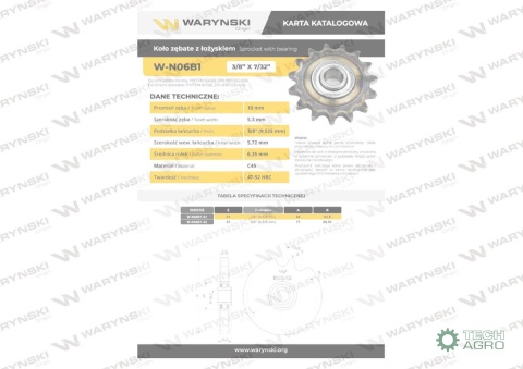 Koło, zębate napinacza z łożyskiem 06B-1 (R1 3/8) Z-22 fi 16, Waryński