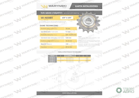 Koło, zębate napinacza z łożyskiem 10B-1 (R1 5/8) Z-17 fi 16, Waryński