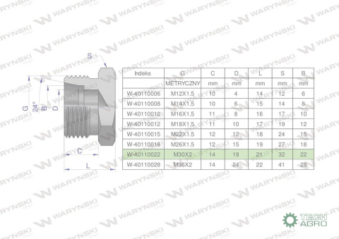 Korek hydrauliczny metryczny (na klucz) M30x2 22L Waryński ( sprzedawane po 2 )