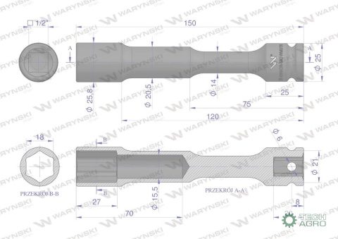 Nasadka udarowa 1/2", sześciokątna slim przelotowa ze stali CrMo 18mm długość 150 mm, stosowane w mechanice do kluczy udarowych Nasadka udarowa 1/2", sześciokątna slim przelotowa ze stali CrMo 18mm długość 150 mm, stosowane w mechanice do kluczy udarowych