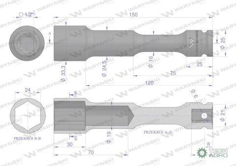 Nasadka udarowa 1/2", sześciokątna slim przelotowa ze stali CrMo 24mm długość 150 mm, stosowane w mechanice do kluczy udarowych Nasadka udarowa 1/2", sześciokątna slim przelotowa ze stali CrMo 24mm długość 150 mm, stosowane w mechanice do kluczy udarowych