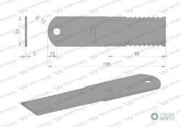 Nóż stały rozdrabniacz słomy sieczkarnia 195x50x3mm otwór 12 zastosowanie 746813 Claas WARYŃSKI ( sprzedawane po 25 )