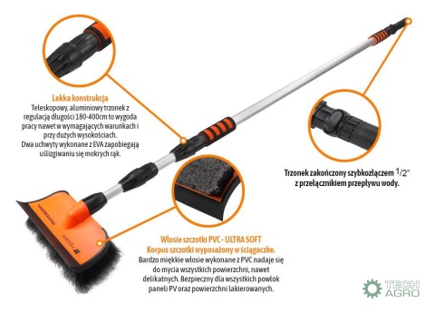 Szczotka teleskopowa - przepływowa ze ściągaczką PROFESSIONAL - LONG (dł. 180-400cm) / miękkie włosie PVC / TEGER