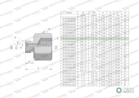 Tulejka różnicowa hydrauliczna calowa AB 3/8"GZ x 1/4"GW BSP Waryński ( sprzedawane po 2 )