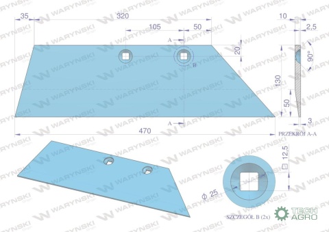 Lemiesz prawy 16" zastosowanie WG 100 B R Lemken Pług stal borowa WARYŃSKI