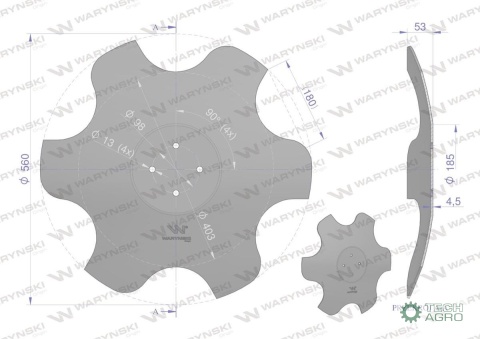 Talerz, skrajny lewy fi 560 mocowanie 4/98 grubość 4,5 mm stal borowa, Waryński