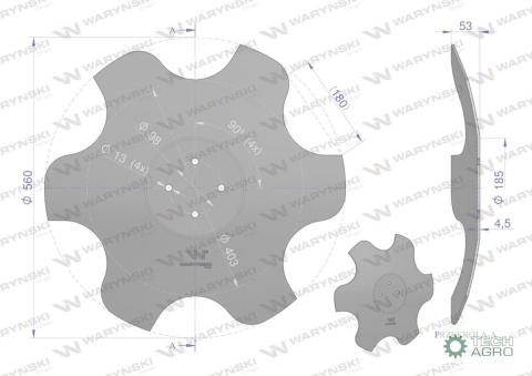 Talerz, skrajny prawy fi 560 mocowanie 4/98 grubość 4,5 mm stal borowa, Waryński