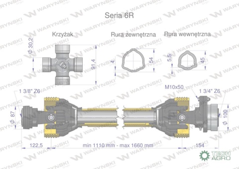 Wał przegubowo-teleskopowy 1110-1660mm 830Nm sprzęgło z kołkiem 2200Nm Z6 - 1 3/4 CE 2020 seria 6R WARYŃSKI