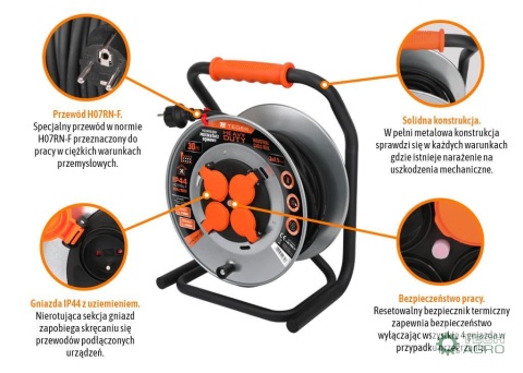 Przedłużacz bębnowy, przemysłowy HEAVYDUTY, 3X2,5mm, IP44, H05RR-F, cert. CE / 30M, Teger