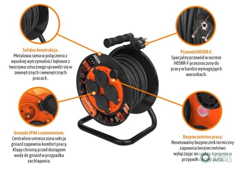 Przedłużacz bębnowy, warsztatowyPROFESSIONAL, 3X2,5mm, IP44, H05RR-F, cert. CE / 20M, Teger