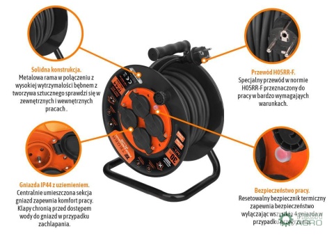 Przedłużacz bębnowy, warsztatowyPROFESSIONAL, 3X2,5mm, IP44, H05RR-F, cert. CE / 30M, Teger