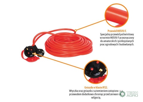 Przedłużacz jednogniazdowy, ogrodowyPROFESSIONAL, 3X1,5mm, IP20, H05VV-F, z uziemieniem, cert. CE / 10M, Teger