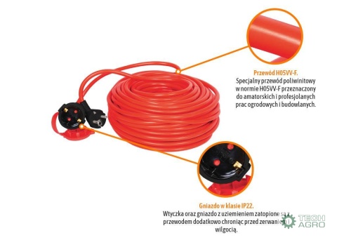 Przedłużacz jednogniazdowy, ogrodowyPROFESSIONAL, 3X1,5mm, IP20, H05VV-F, z uziemieniem, cert. CE / 30M, Teger