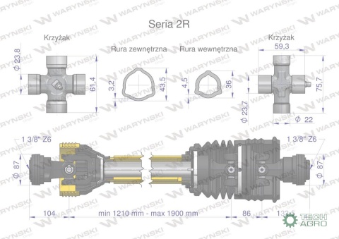 Wał przegubowo-teleskopowy 1210-1900mm270Nm szerokokątny CE 2020 seria 2R WARYŃSKI
