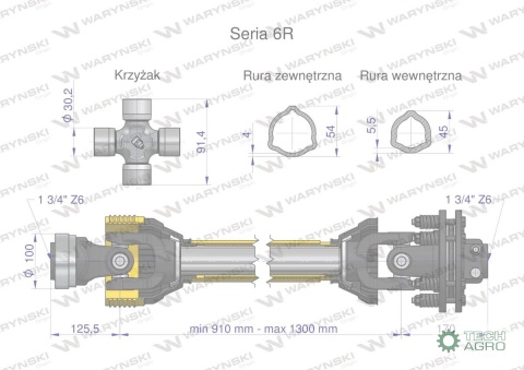 Wał przegubowo-teleskopowy 910-1300mm830Nm Z6 - 1 3/4 z drugiej strony sprzęgło cierne 1700Nm Z6 - 1 3/4 CE CE 2020 seria 6R War