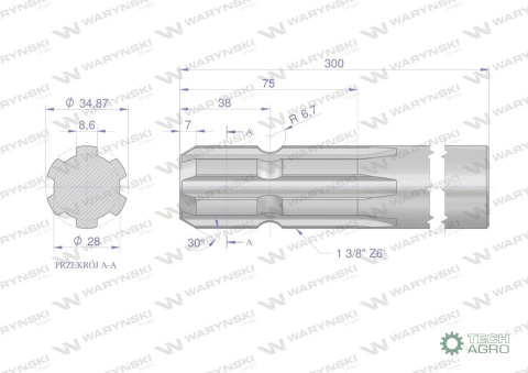 Wałek, WOM frezowany jednostronnie300mm Z6 - 1 3/8, Waryński Wałek, WOM frezowany jednostronnie300mm Z6 - 1 3/8, Waryński