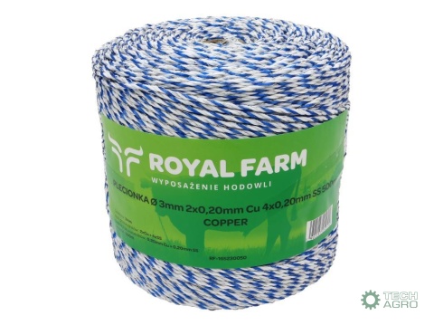 Plecionka, do elektryzatora 3mm,2x0,20mm Cu, 4x0,20mm SS biało-niebieska 500m, Royal Farm
