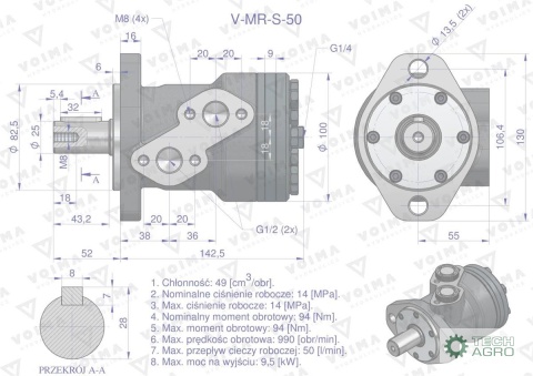 Silnik hydrauliczny orbitalny V-MR-S 50 cm3/obr (140 bar / max.175 bar) VOIMA