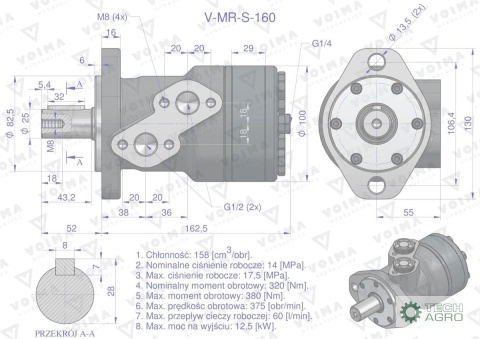Silnik hydrauliczny orbitalny V-MR-S160 cm3/obr (175 bar / max.200 bar) VOIMA Silnik hydrauliczny orbitalny V-MR-S160 cm3/obr (175 bar / max.200 bar) VOIMA