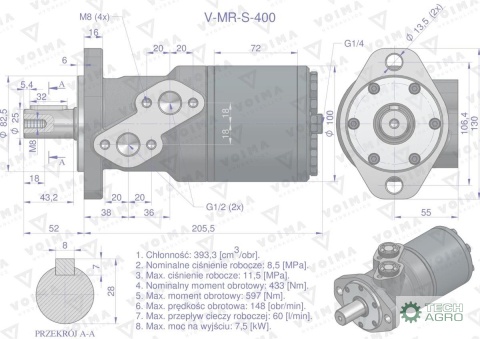 Silnik hydrauliczny orbitalny V-MR-S400 cm3/obr (115 bar / max.150 bar) VOIMA Silnik hydrauliczny orbitalny V-MR-S400 cm3/obr (115 bar / max.150 bar) VOIMA