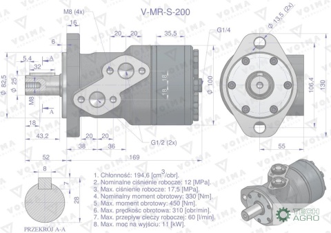 Silnik hydrauliczny orbitalny(stosowany do owijarek) V-MR-S 200 cm3/obr (175 bar / max.200 bar) VOIMA Silnik hydrauliczny orbitalny(stosowany do owijarek) V-MR-S 200 cm3/obr (175 bar / max.200 bar) VOIMA