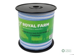 Taśma, do elektryzatora 12 mm, 3x0,15mmSS biało-niebieska 200m, Royal Farm