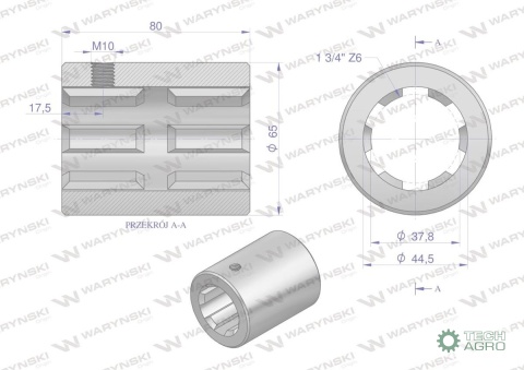 Tuleja, WOM łącząca frezowana 80mm Z6 -1 3/4, Waryński Tuleja, WOM łącząca frezowana 80mm Z6 -1 3/4, Waryński