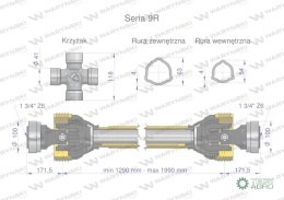 Wał, przegubowo-teleskopowy 1290-1990mm1890Nm Z6 - 1 3/4 z dwóch stron CE 2020 seria 9R Waryński