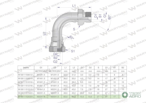Kolanko hydrauliczne metryczne łukowe AB M20x1.5 (60 stopni) (XEVW) Waryński ( sprzedawane po 10 ) Kolanko hydrauliczne metryczne łukowe AB M20x1.5 (60 stopni) (XEVW) Waryński ( sprzedawane po 10 )