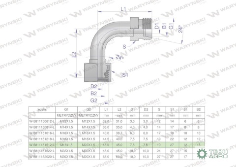 Kolanko hydrauliczne metryczne redukcyjne łukowe AB (XEVW) A-M22x1.5 15L / B-M18x1.5 12L Waryński ( sprzedawane po 10 ) Kolanko hydrauliczne metryczne redukcyjne łukowe AB (XEVW) A-M22x1.5 15L / B-M18x1.5 12L Waryński ( sprzedawane po 10 )