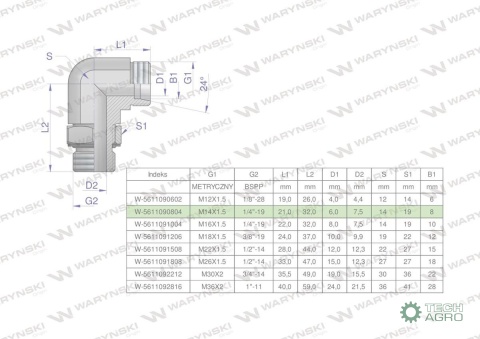 Kolanko hydrauliczne nastawne BB M14x1.5 08L x 1/4"BSP z regulacją Waryński Kolanko hydrauliczne nastawne BB M14x1.5 08L x 1/4"BSP z regulacją Waryński