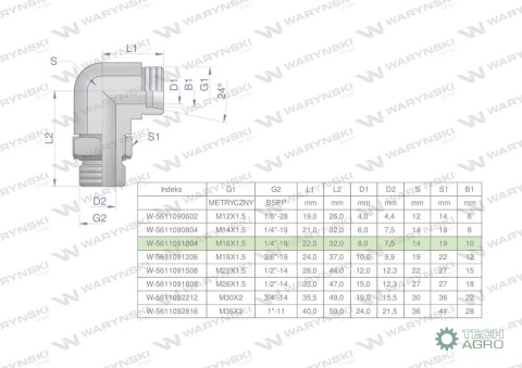 Kolanko hydrauliczne nastawne BB M16x1.5 10L x 1/4"BSP z regulacją Waryński ( sprzedawane po 2 ) Kolanko hydrauliczne nastawne BB M16x1.5 10L x 1/4"BSP z regulacją Waryński ( sprzedawane po 2 )