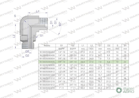 Kolanko hydrauliczne nastawne calowe BB 3/8" x 3/8" BSP z regulacją Waryński