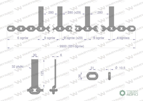 Łańcuch 32-l. 30x125x6 wsuwany klasa 5 Rozrzutnik Fortschritt T-088 Waryński Łańcuch 32-l. 30x125x6 wsuwany klasa 5 Rozrzutnik Fortschritt T-088 Waryński