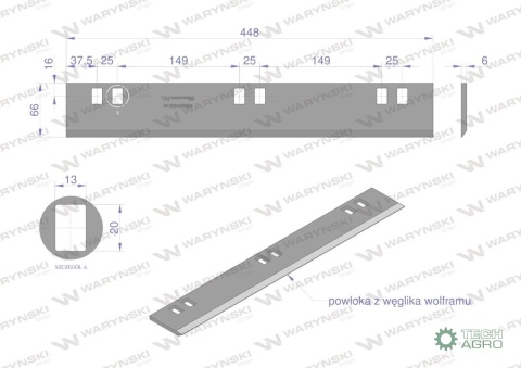 Nóż walca zrywacza napawany 448x66x6 otwory 6x20mm zastosowanie New Holland Laverda WARYŃSKI Nóż walca zrywacza napawany 448x66x6 otwory 6x20mm zastosowanie New Holland Laverda WARYŃSKI