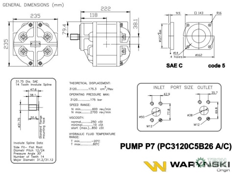 Pompa zebata P-7A PC3120C5B26A Ładowarka HSW Ł-34 obroty lewe Waryński Pompa zebata P-7A PC3120C5B26A Ładowarka HSW Ł-34 obroty lewe Waryński